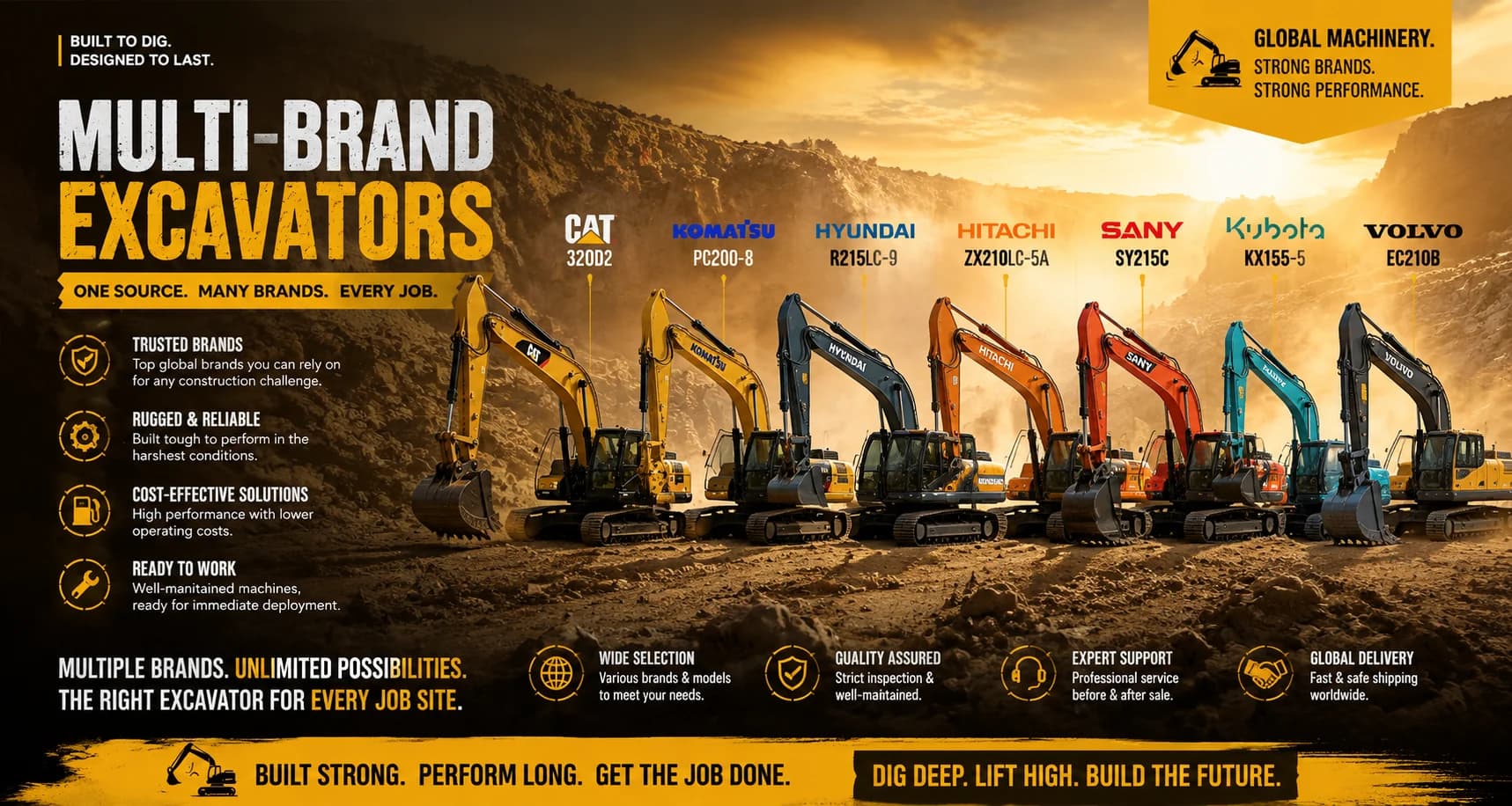 Multi-brand used excavators for sale including CAT, Komatsu, Hyundai, Hitachi, Sany, Kubota and Volvo